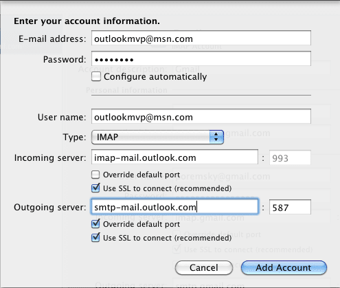 server connection status not connected outlook for mac 2011 imap 2011